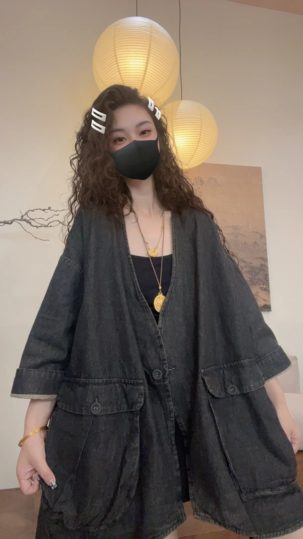 museguhui/木色古汇5052#纯色大口袋一粒扣牛仔外套草莓台灯黄瓜