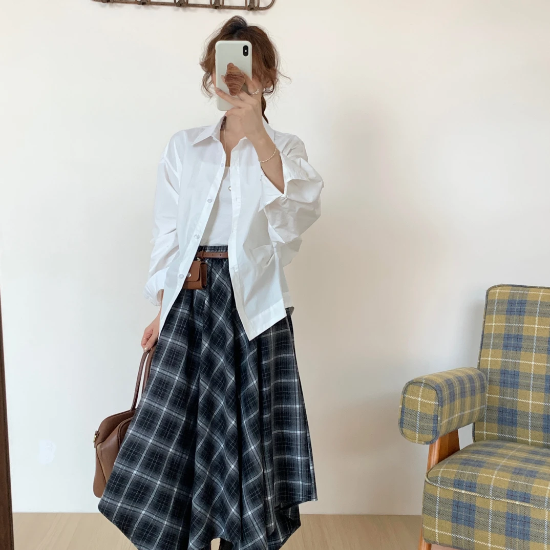 小众设计感褶皱收腰宽松纯色单排扣翻领早秋衬衫7083