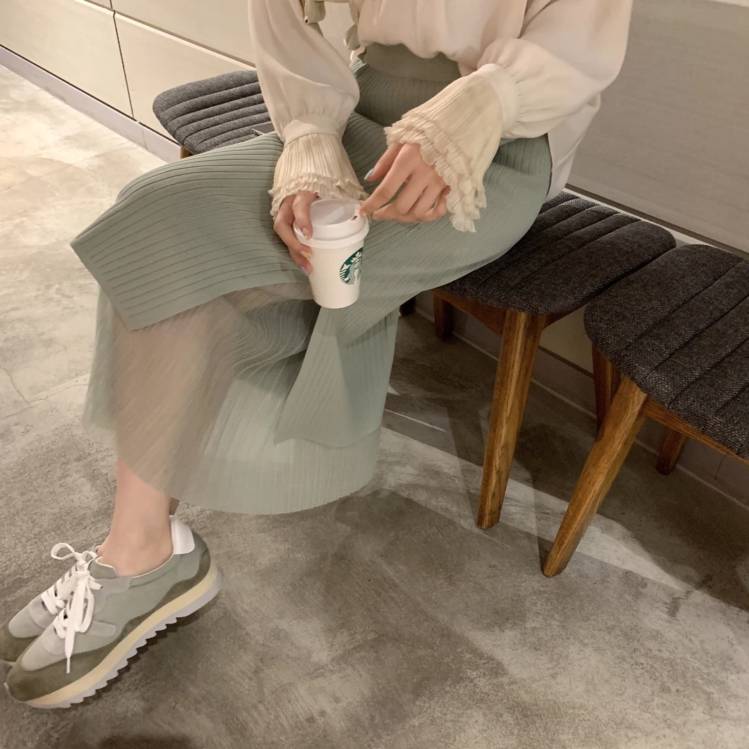 ASM ANNA◆ OL的多元魅力~针织&薄纱 拼接开叉半身裙A0894