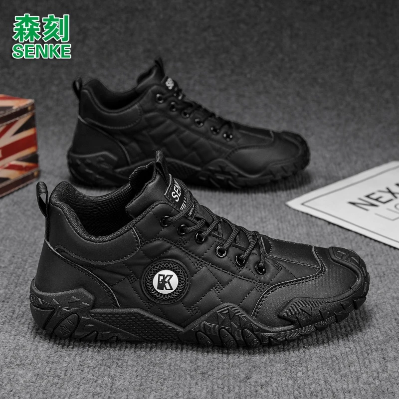 森刻男鞋2025新款秋冬季百搭黑色休闲鞋加绒保暖棉鞋防水防滑开车
