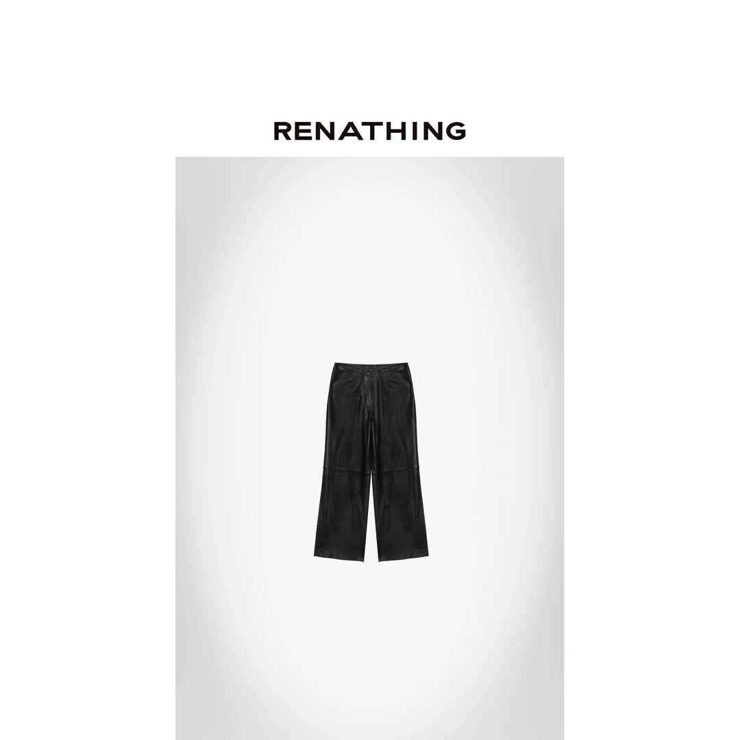【RENATHING】黑色拼接剪裁皮质长裤
