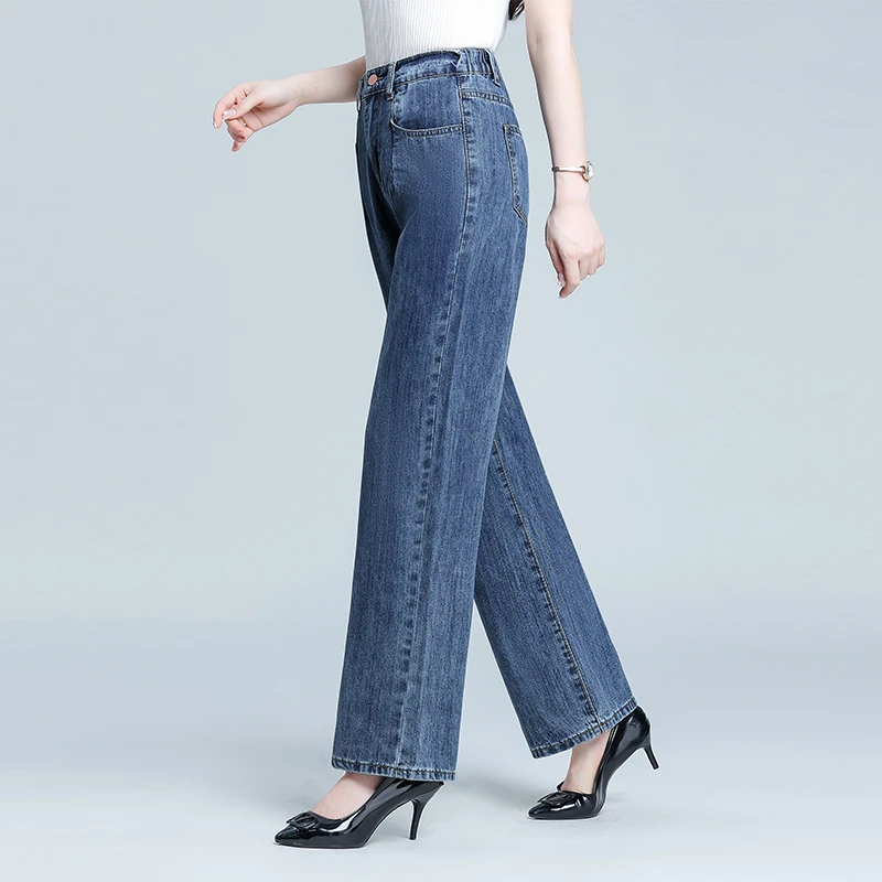 松紧牛仔裤休闲女裤子春秋季2025年新款潮高腰直筒宽松长裤阔腿裤