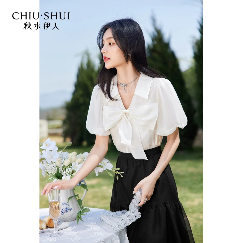 【赵老板专属】秋水伊人V领雪纺衫夏季新款女花苞袖624205A051613
