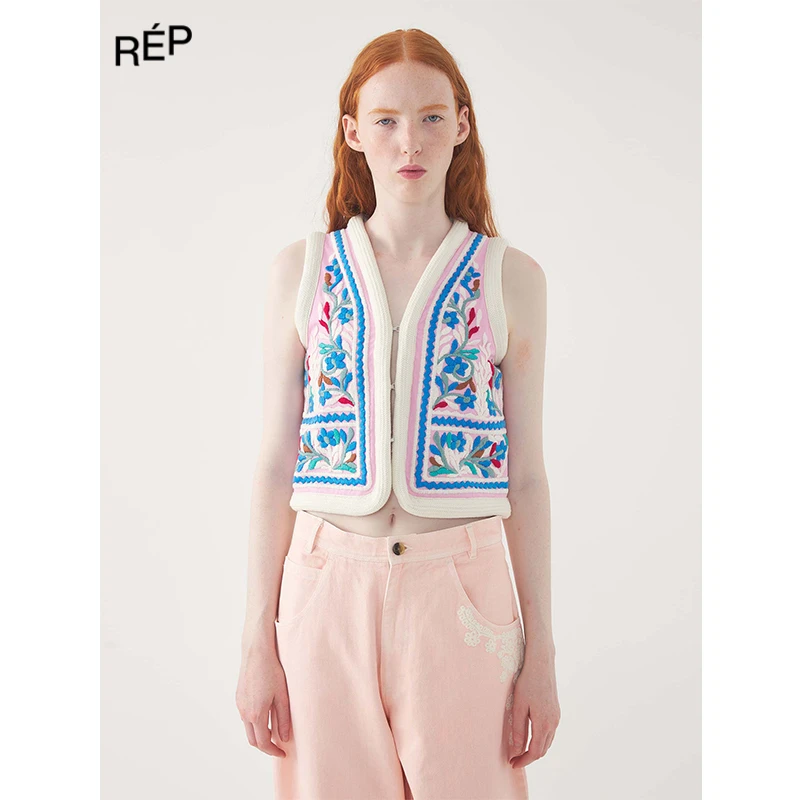 REP-ANTIK BATIK设计师品牌蓝/粉色刺绣马甲 25SS 早春穿搭