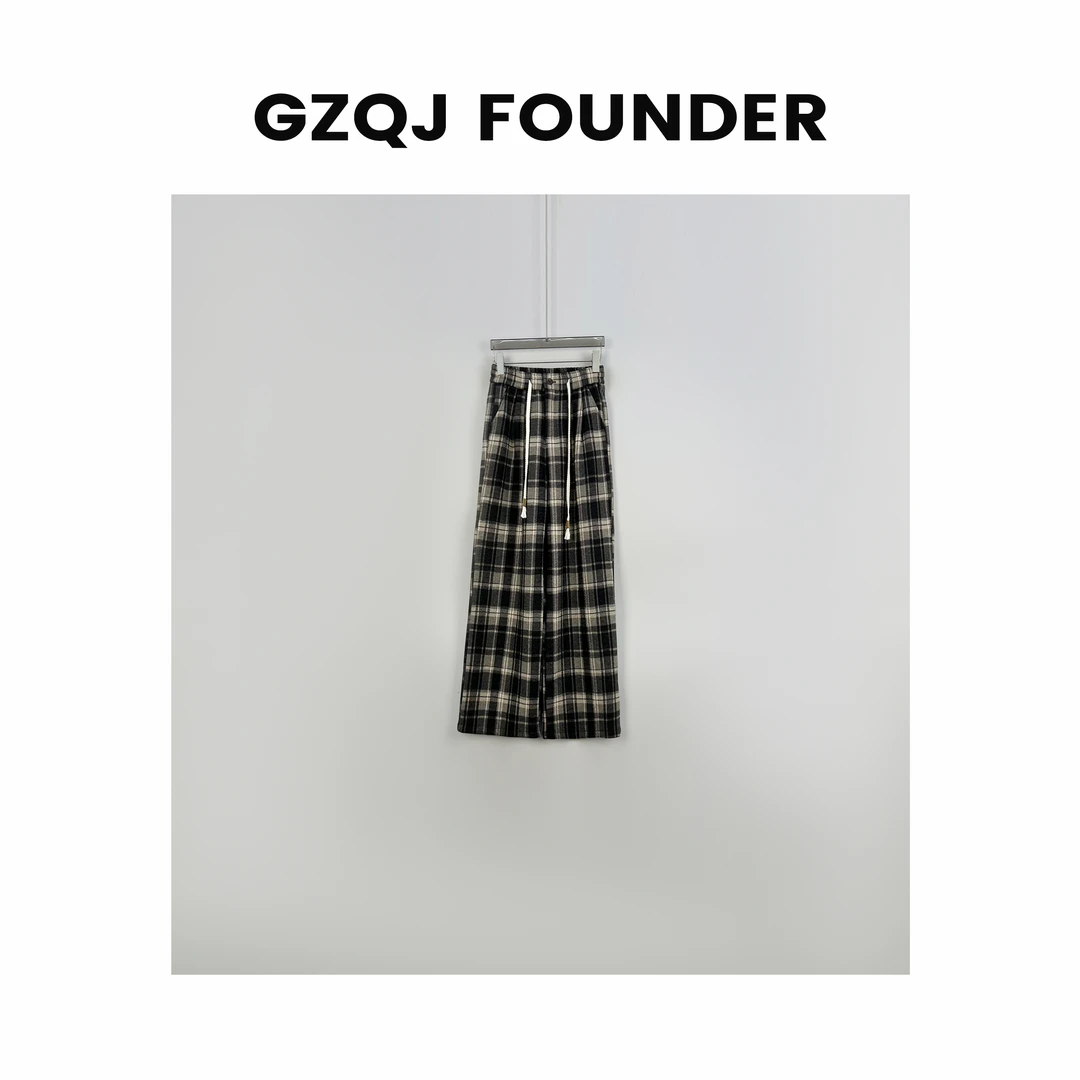 【格调】复古时尚宽松百搭加绒高腰格子阔腿休闲裤女秋冬季7808