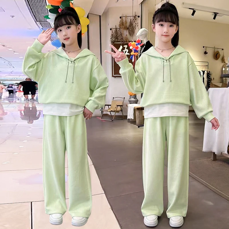 女童春秋套装2025新款儿童蕾丝洋气花边卫衣女宝宝休闲春装两件套