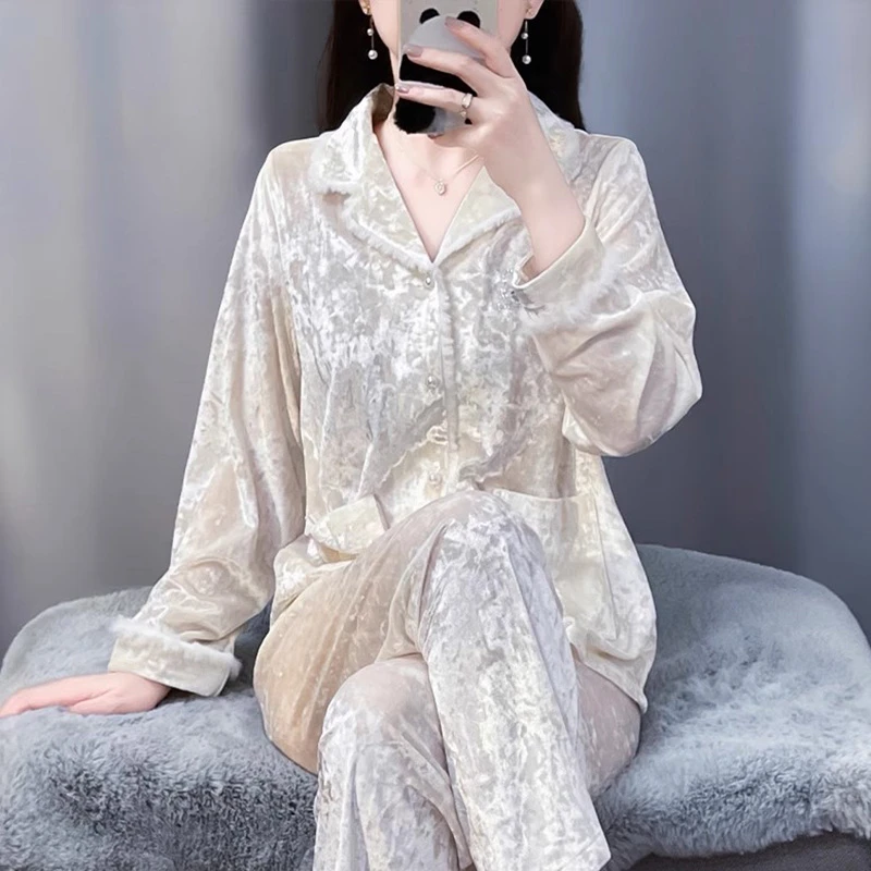 tpvl2025新款金钻绒睡衣女秋冬季家居服套装毛边高级感可外穿长袖