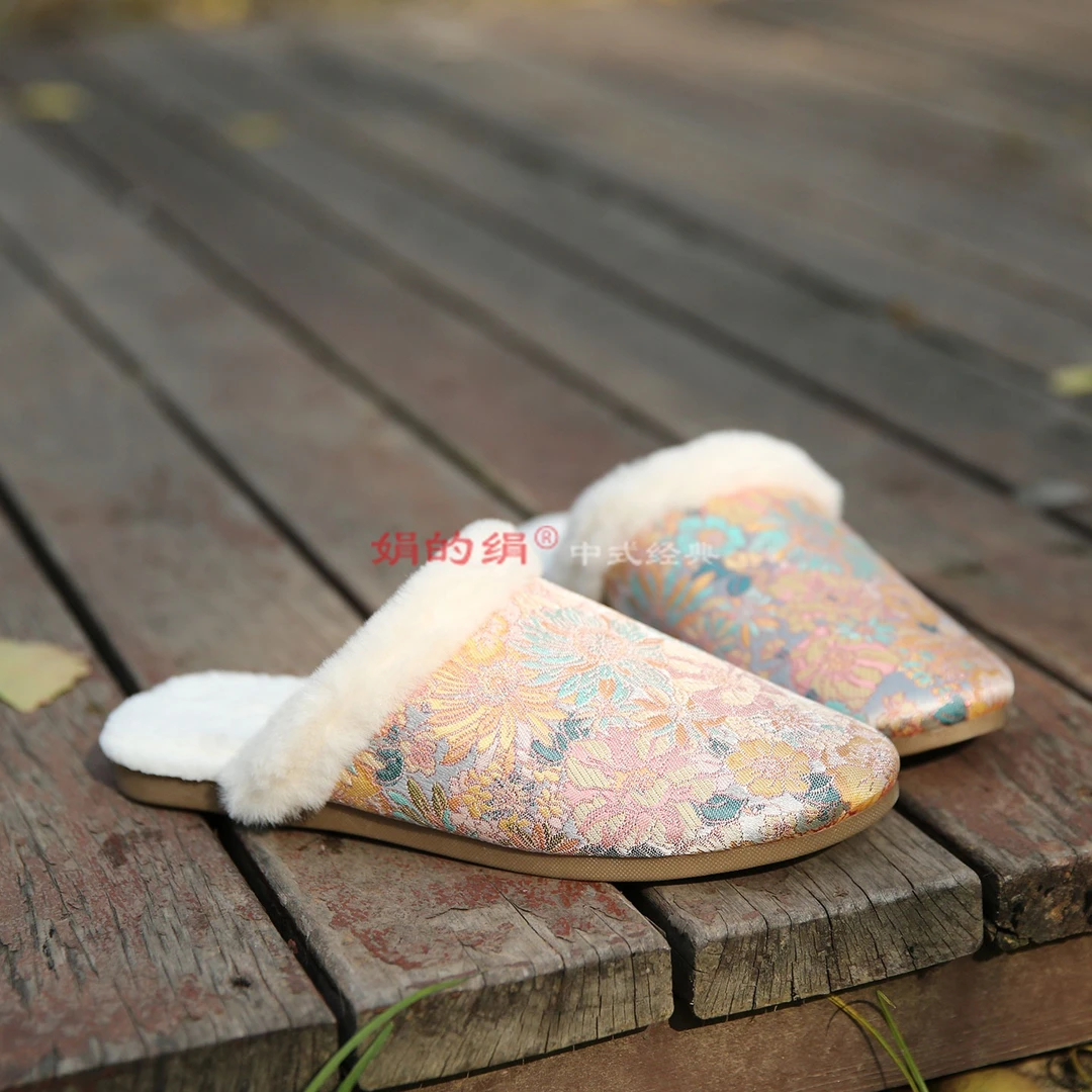 千寻慵懒风加绒棉拖鞋冬季女士居家静音包头拖国风防滑毛绒妈妈鞋