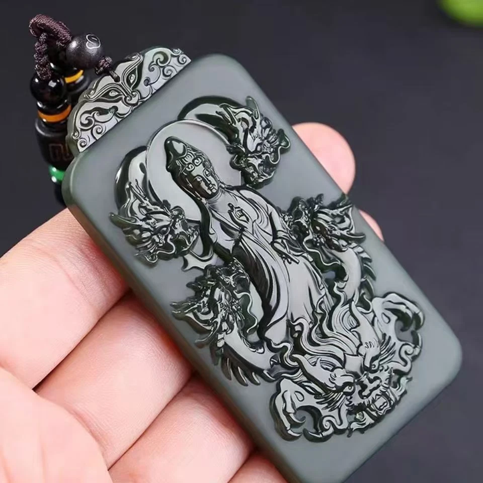 【丫丫甄选】高端典雅精美和田玉和田墨玉观音无事牌吊坠