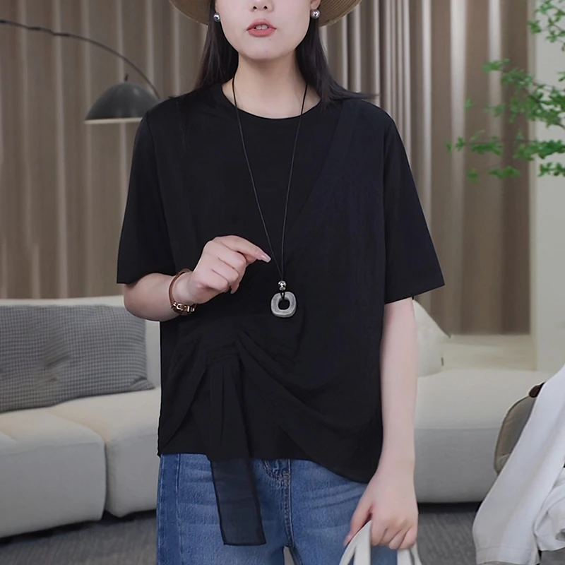 2025夏季新款黑色设计感假两件T恤女宽松大码显瘦减龄短袖上衣