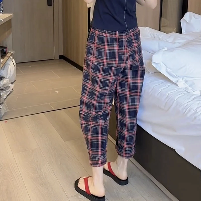 韩版设计感薄款格子休闲裤女大码女装遮肉简约舒适显瘦修身哈伦裤