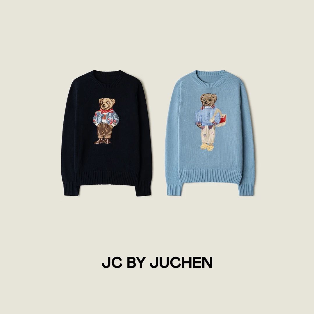 “复古小熊俱乐部”立体刺绣全棉宽松套头针织衫毛衣 FW108003-219