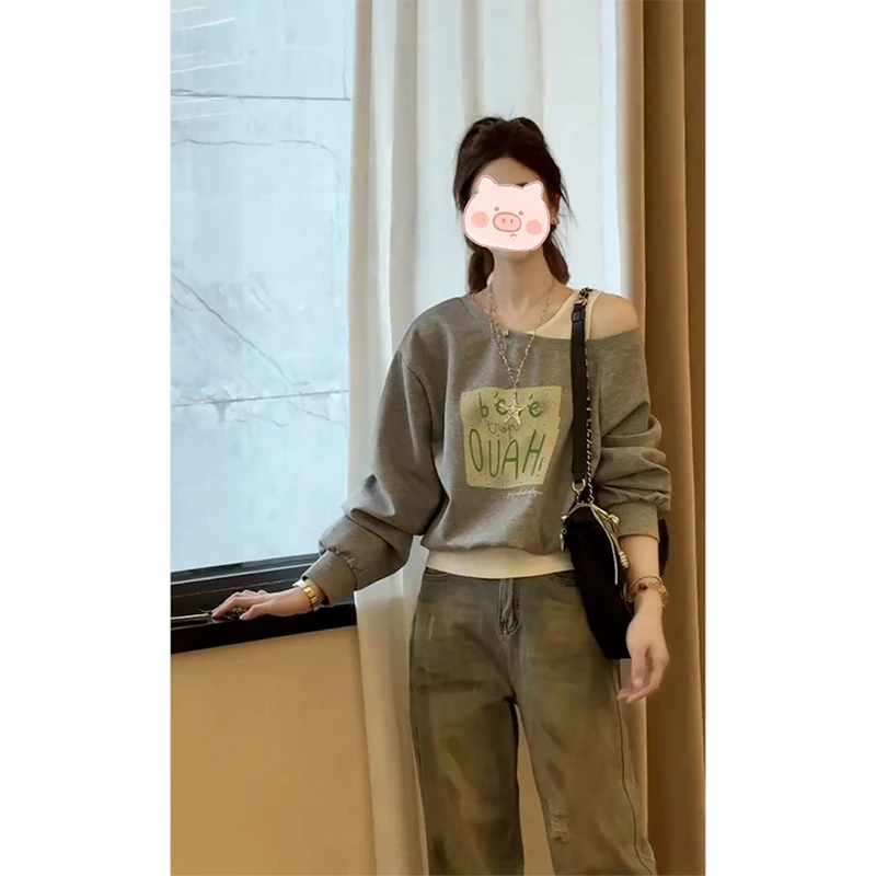 高级感撞色拼接假两件卫衣2025秋季新款字母印花宽松遮肉露肩套装