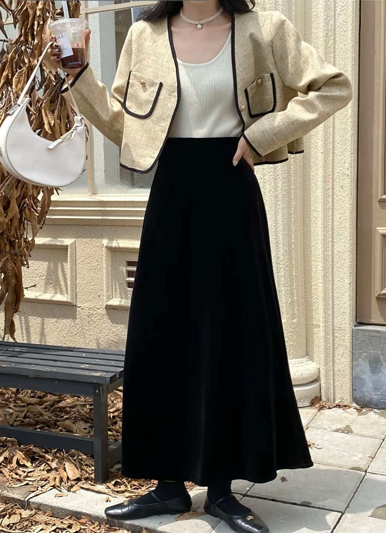 金丝绒不加绒中长款女2025秋冬新款黑色丝绒半身裙