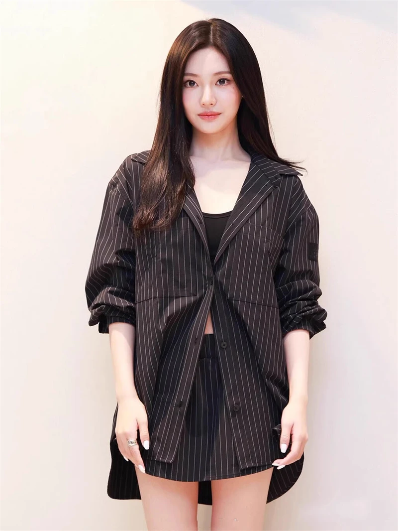 宁艺卓黑色条纹衬衫女长袖防晒衬衣韩系休闲宽松显瘦短裤套装