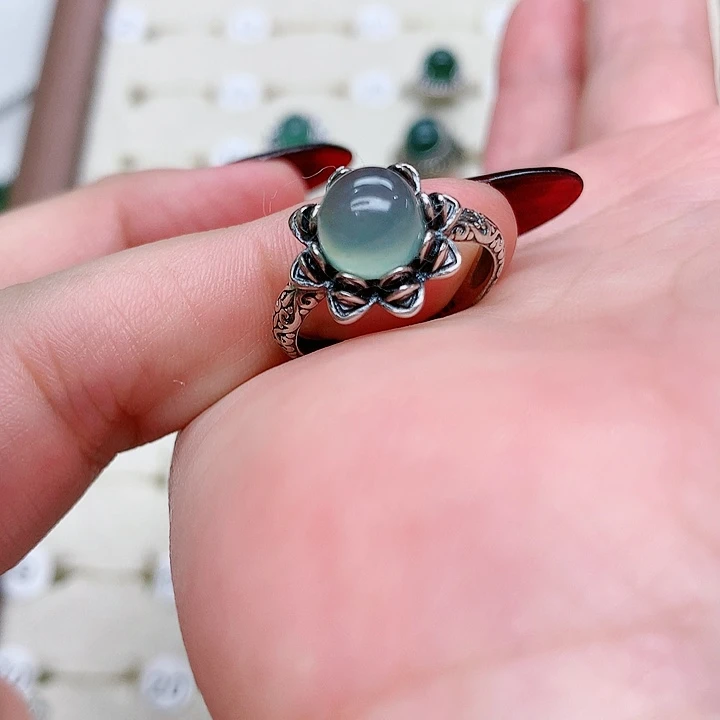 蛇纹石玉戒指银S925镶嵌涵****）