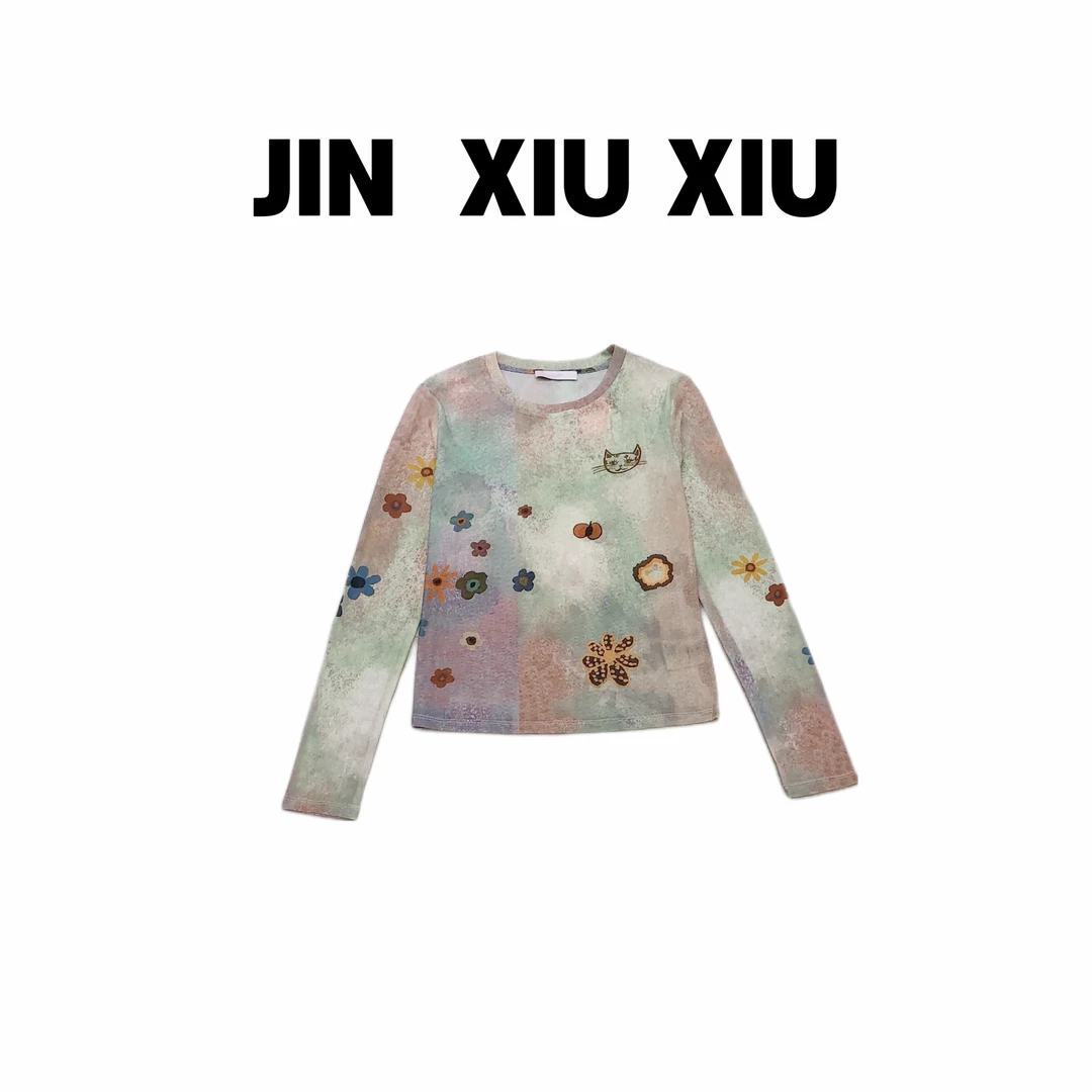 JINXIUXIU春夏新款卡通小猫小花扎染韩系甜美上衣014