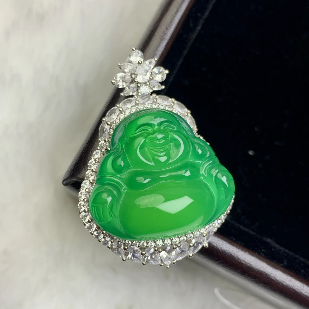 XinYuan｜佛公｜天然绿玉髓佛公辣阳绿镶嵌满钻款吊坠轻奢大气