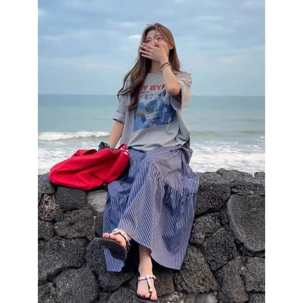 灰色格子裙两件套宽松韩版小个子夏季新款棉质半身裙短袖显瘦气质