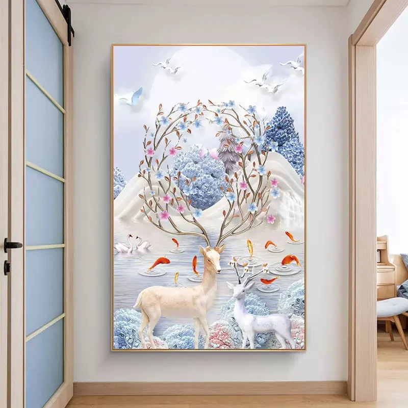 轻奢发财麋鹿钻石画满钻时来运转竖版玄关客厅装饰画手工diy挂画