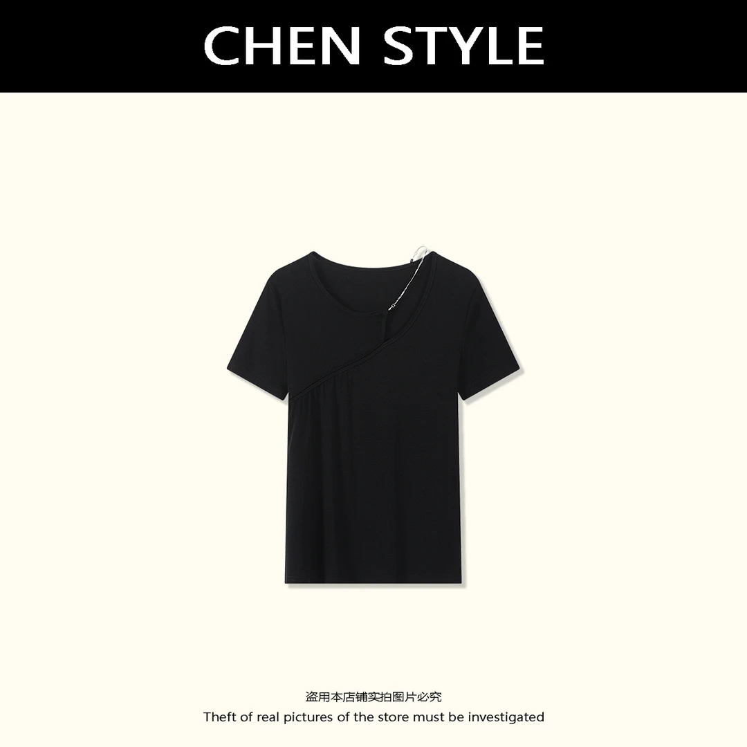 楚楚君【锁骨T】夏款不规则设计款净版链条短袖T恤Y63486