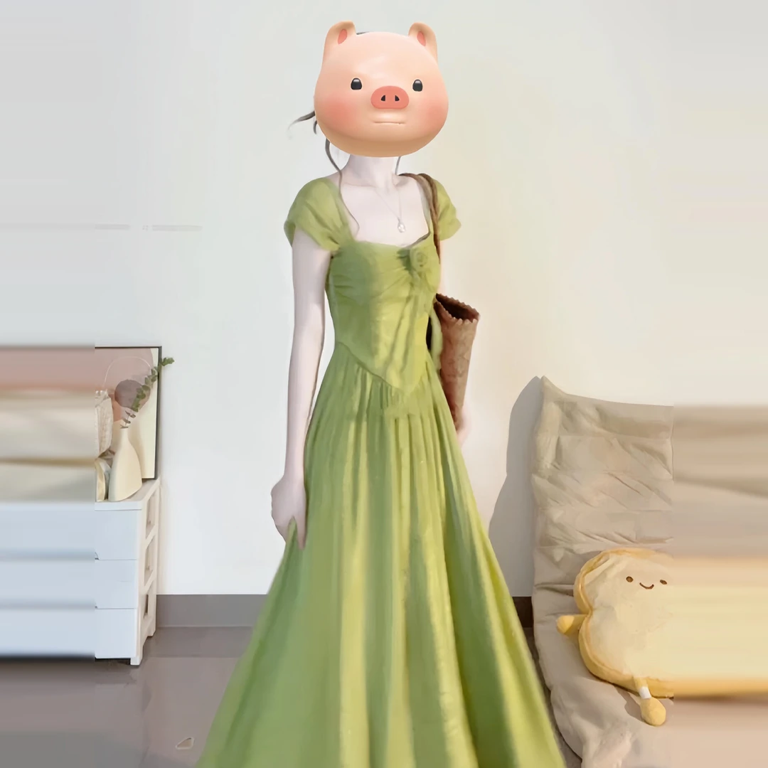 【现货+运补】法式气质绿色连衣裙子女夏高级收腰显瘦长裙清仓4993