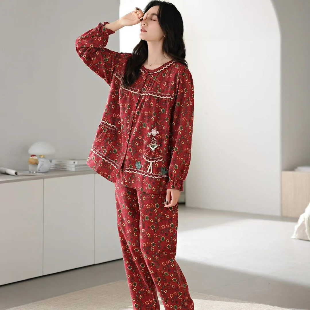 睡衣女士春秋薄款本命年新款红色高级感碎花圆领开衫家居服可外穿