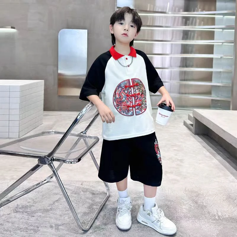 B0625年男童女童刺绣国风套装夏季