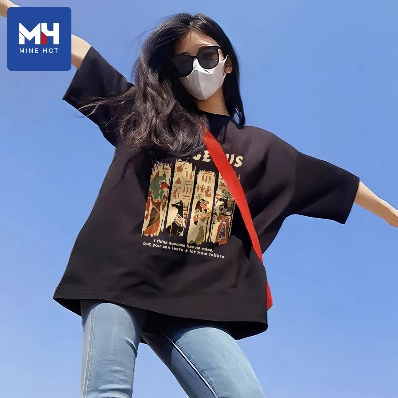 唐狮集团MH正肩短袖t恤女2025新款夏季大码半袖纯棉宽松黑色上衣N