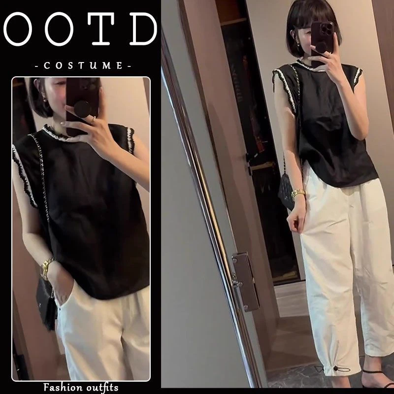 黑色无袖衬衫女夏季2025新款爆款气质减龄超好看设计感高级两件套