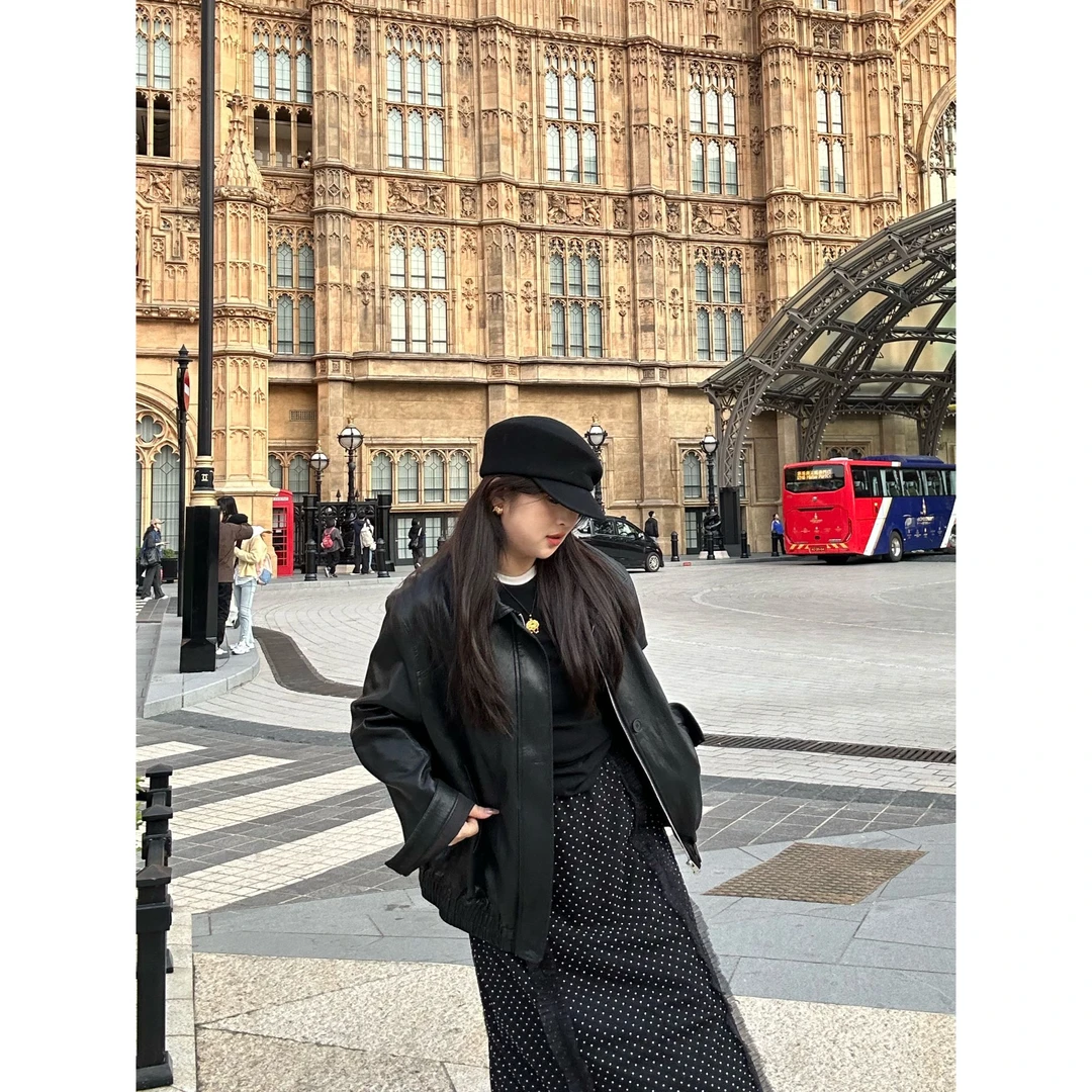 2025新款春秋季拉链翻领pu皮衣外套女宽松显瘦美式复古机车服