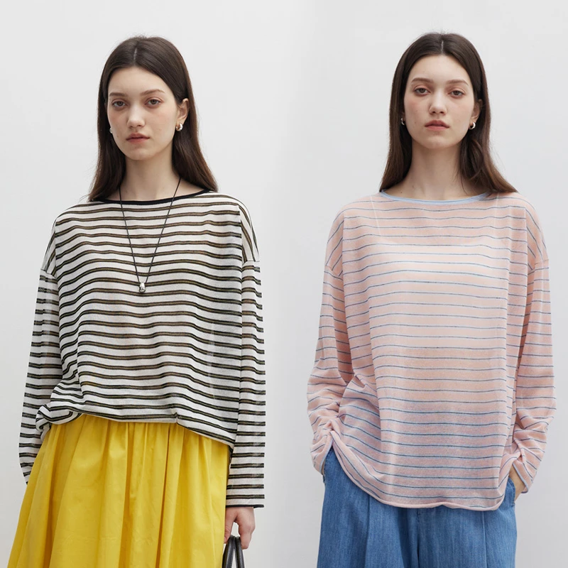 DotDrobe/多着桑蚕丝亚麻混纺 超轻薄凉感条纹长袖针织衫女两色入