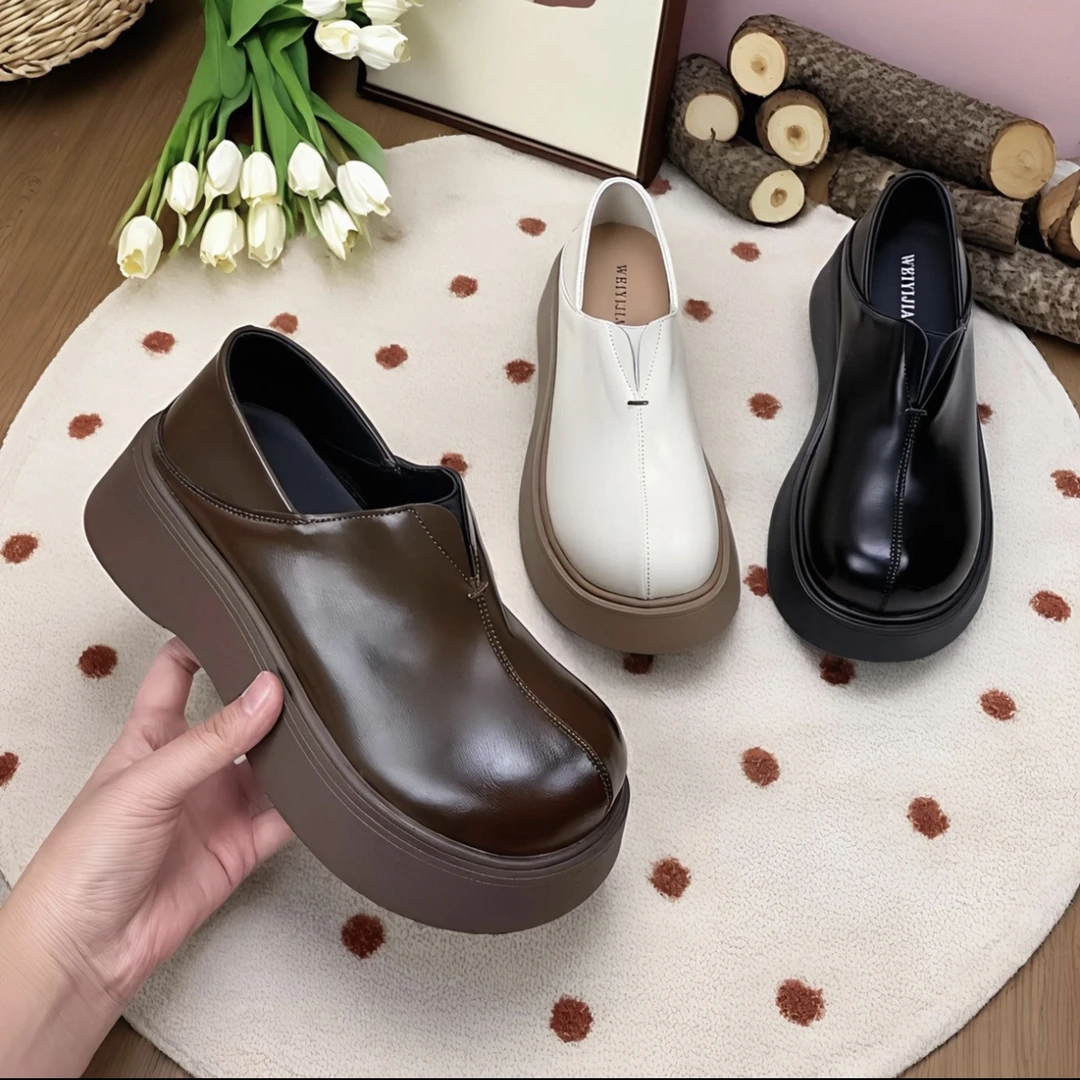 大头丑萌松糕厚底两穿小皮鞋浅口女鞋2025春新款一脚蹬乐福鞋单鞋