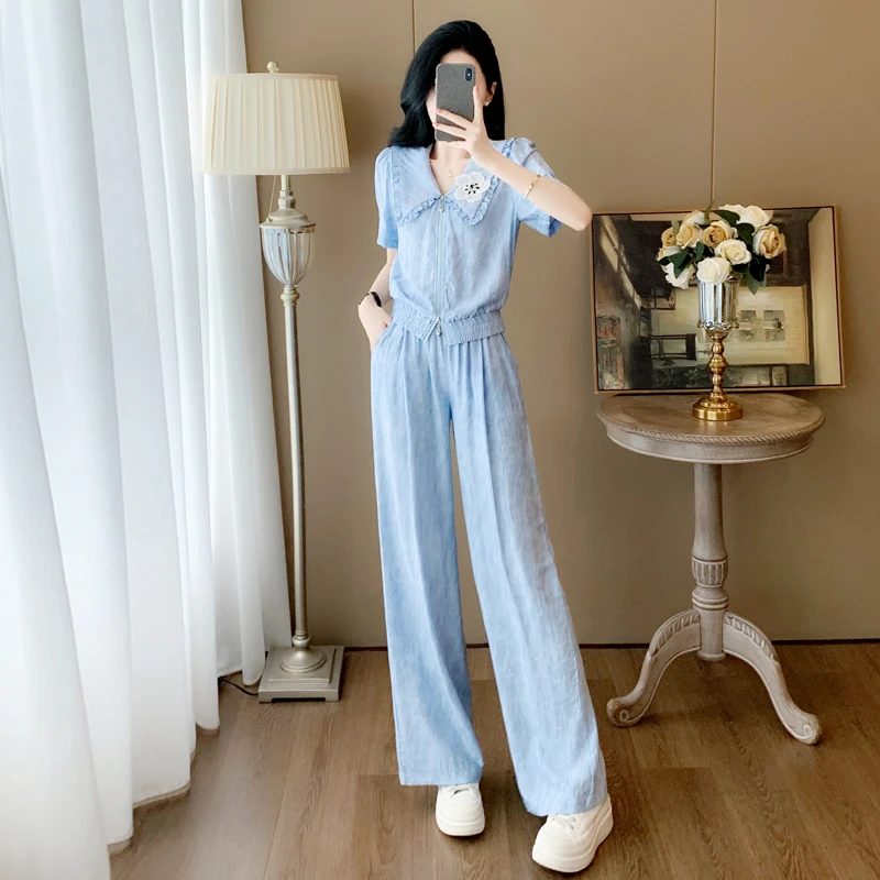 蓝色小香风时尚套装2025新款爆款夏减龄休闲运动短袖阔腿裤两件套