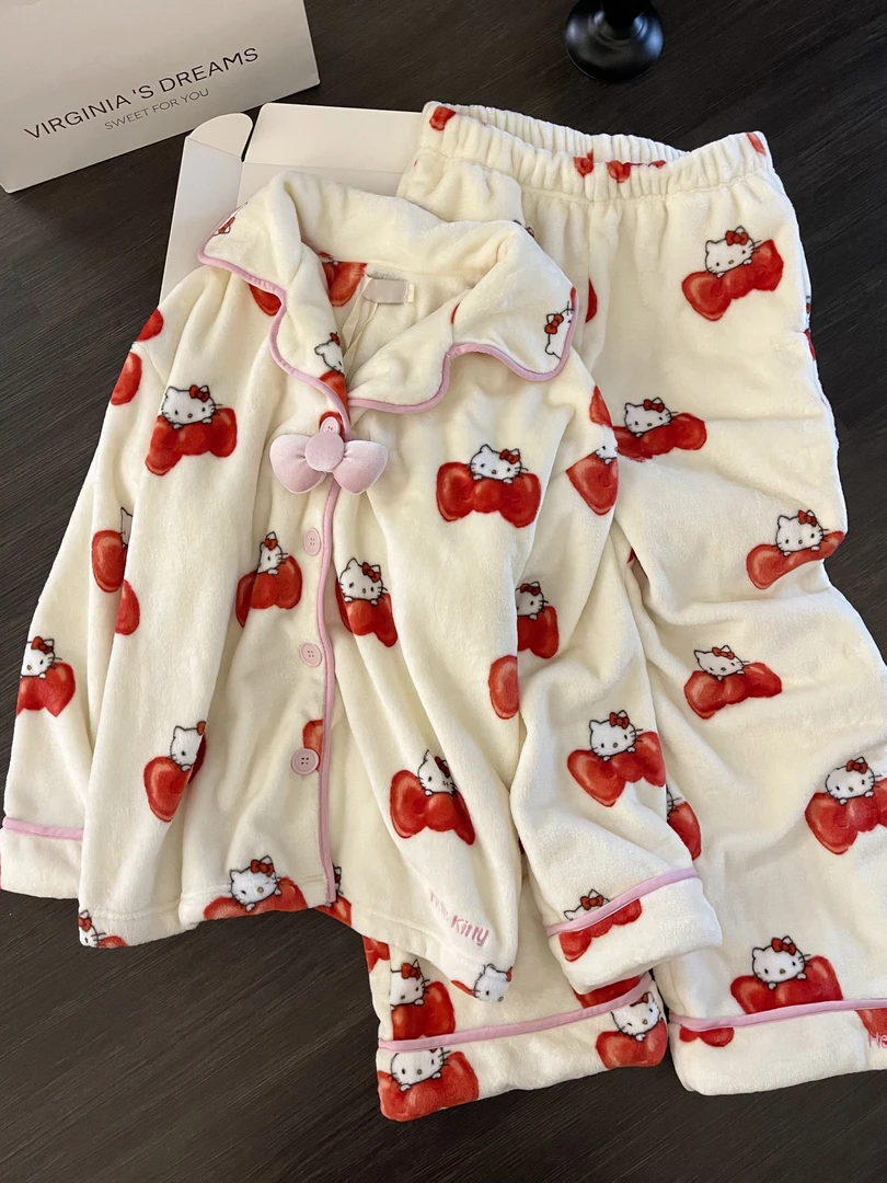 【DMXJ大梦想家】韩系卡通Kitty法兰绒睡衣女秋冬款舒适家居服套装