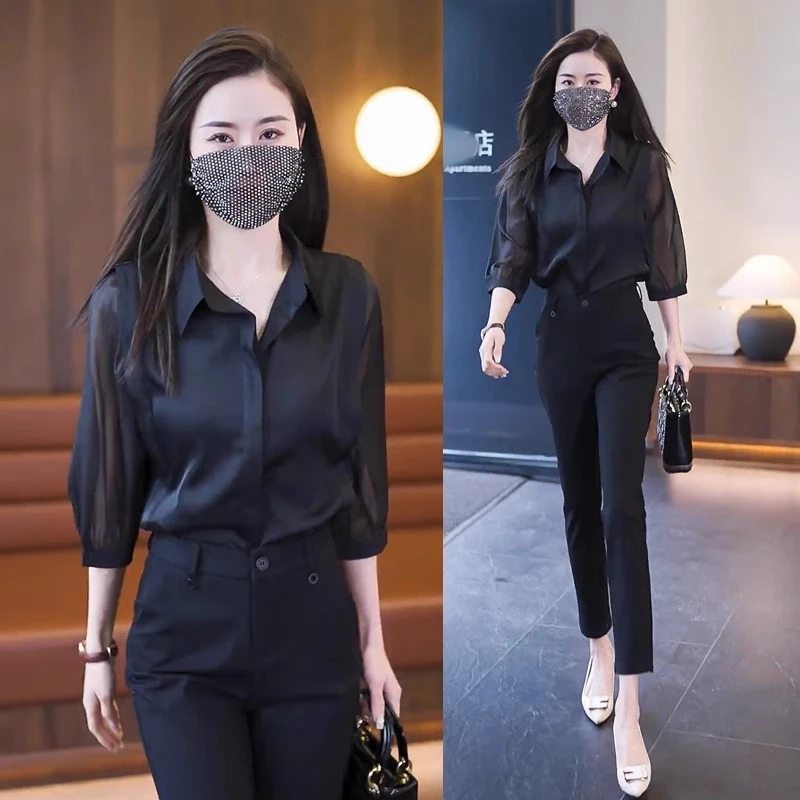 拉夏贝尔 黑色七分袖衬衫2025春秋新款时尚洋气缎面衬衣气质上衣