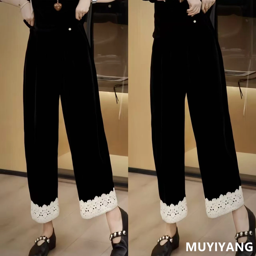 【蕾丝裤】小众高级感蕾丝花边拼接高定丝绒裤 裤长90 25-400#