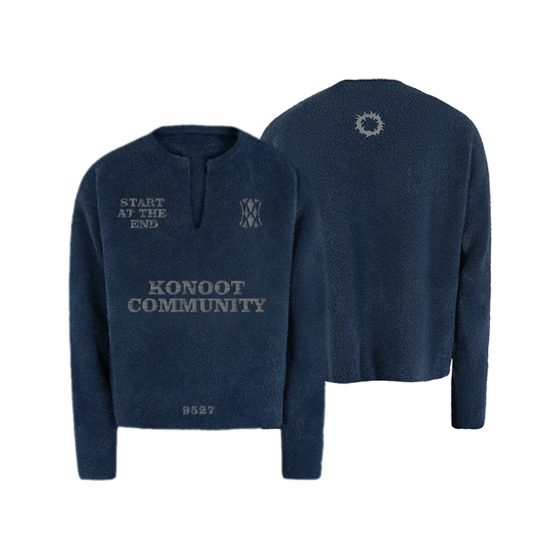 KONOOT美式复古国潮牌仿貂毛V领印花毛衣男女情侣针织衫长袖外套