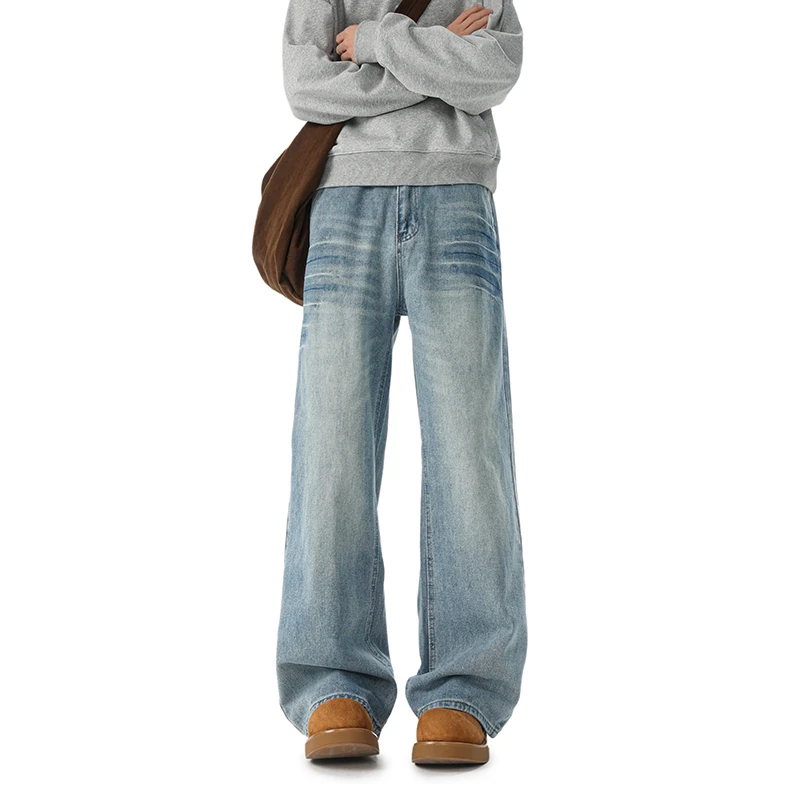 秋季新款美式潮牌水洗牛仔裤男女宽松百搭显瘦直筒裤情侣百搭长裤