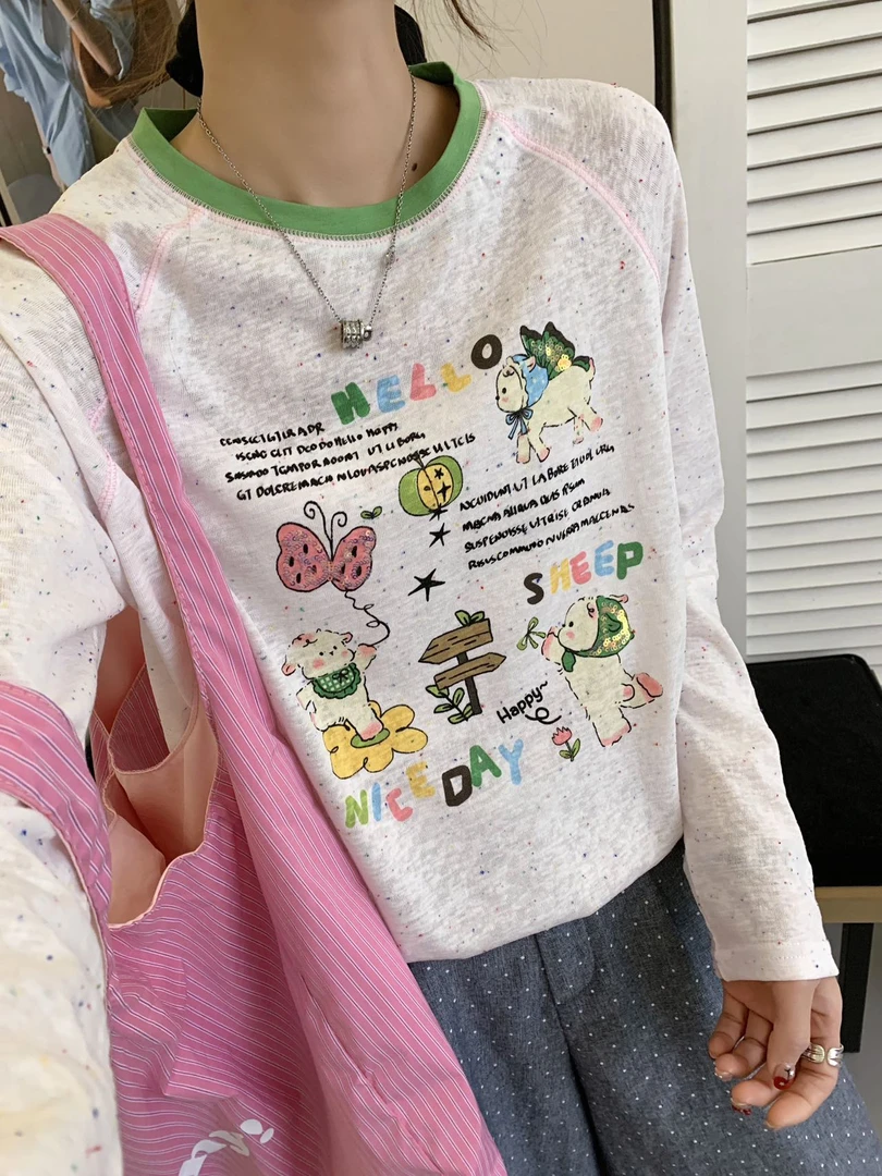 小羊亮片绣雪花棉长袖宽松百搭休闲打底T恤防晒长袖T恤韩版女T恤