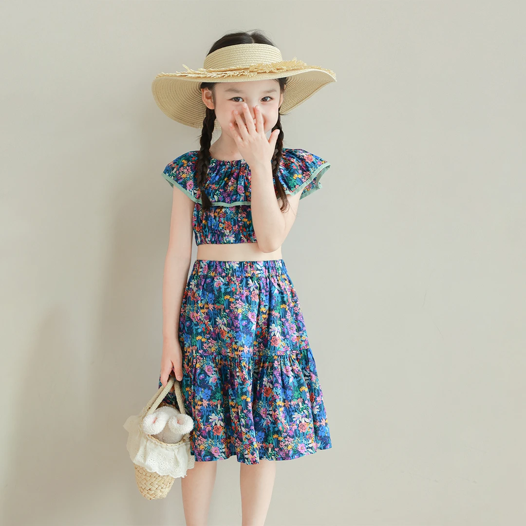 utouto大耳象女童荷叶边碎花短上衣拼接碎花半裙2024夏2404226