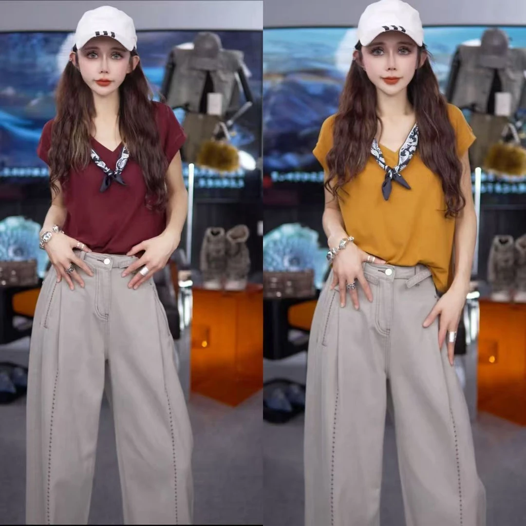 星宝定制韩大东门慵懒风格V领设计别致丝巾短袖夏季休闲显瘦上衣