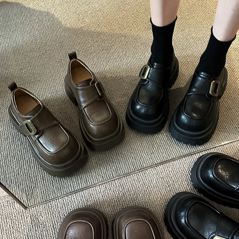 松糕厚底增高英伦风单鞋2025年春季新款复古乐福鞋黑色女士小皮鞋