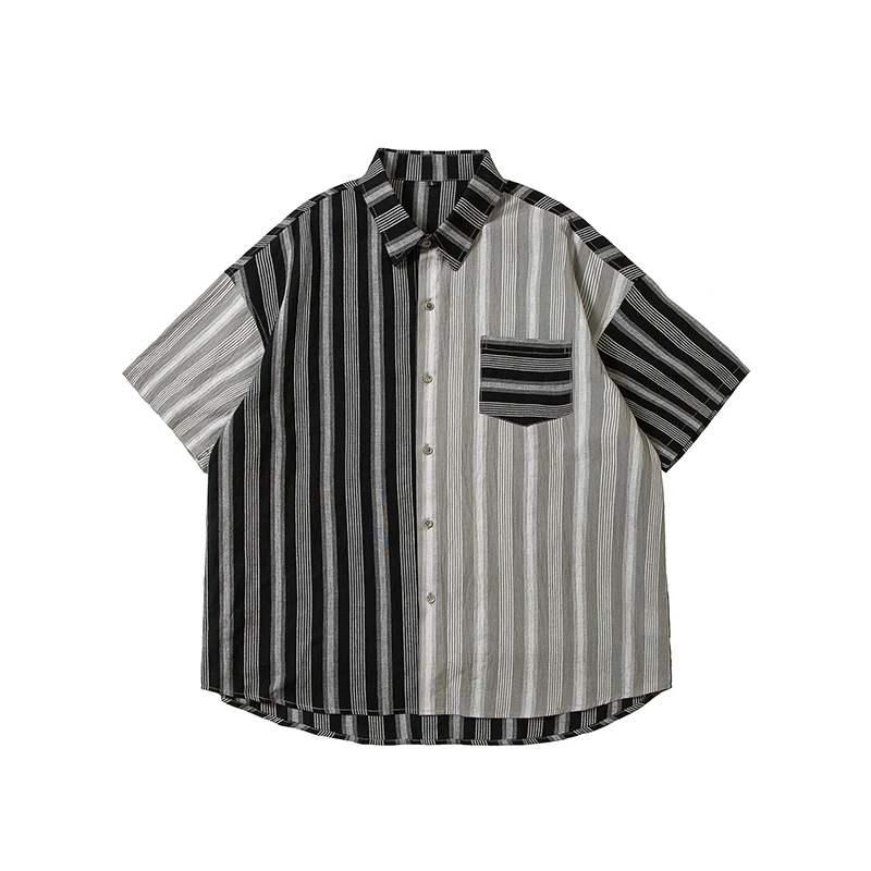 夏季新款拼接条纹短袖衬衫男款纯棉复古宽松休闲衬衣