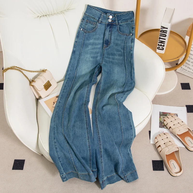 高腰显瘦牛仔裤女2025春季蓝色弹力百搭小个子不贴腿喇叭宽松长裤