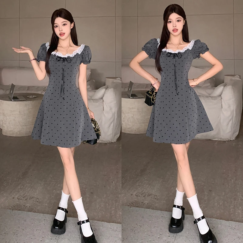 【猪猪队运费补贴】夏季胖MM灰色波点小A摆收腰连衣裙