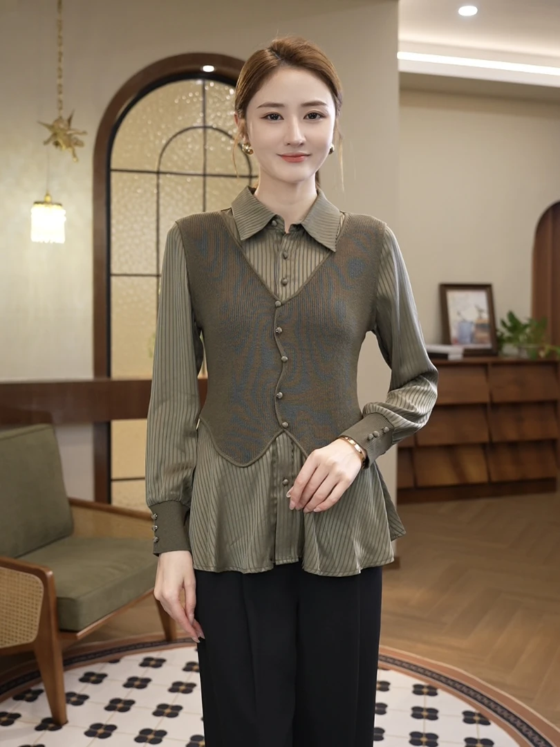 2025年秋冬新款【7853】含绵羊毛针织衫马甲拼接衬衫假两件设计上衣