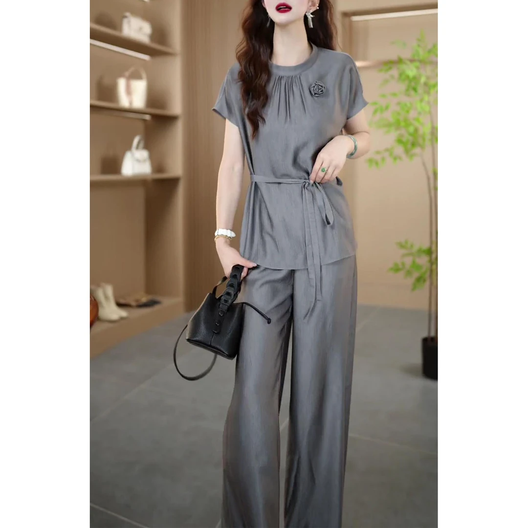 2025年夏季新款洋气显瘦法式设计感绑带短袖上衣阔腿裤两件套装女