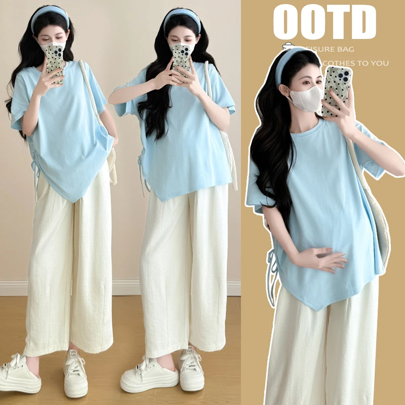 大码孕妇上衣2025新款夏季短袖洋气遮孕都抽绳设计感纯棉t恤200斤