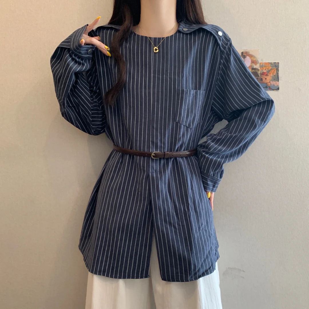 新品大码秋季新款设计感韩系宽松显瘦收腰条纹长袖衬衫女中长款